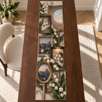 One table runner with an original Moonbell Skylight Gallery, dimensional moonbells, layered frames and luminous apartment-gallery depth.