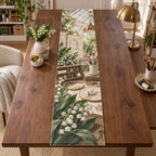 One table runner with an original Moonbell Atelier Identity, dimensional moonbells, organized creative tools and luminous atelier depth.