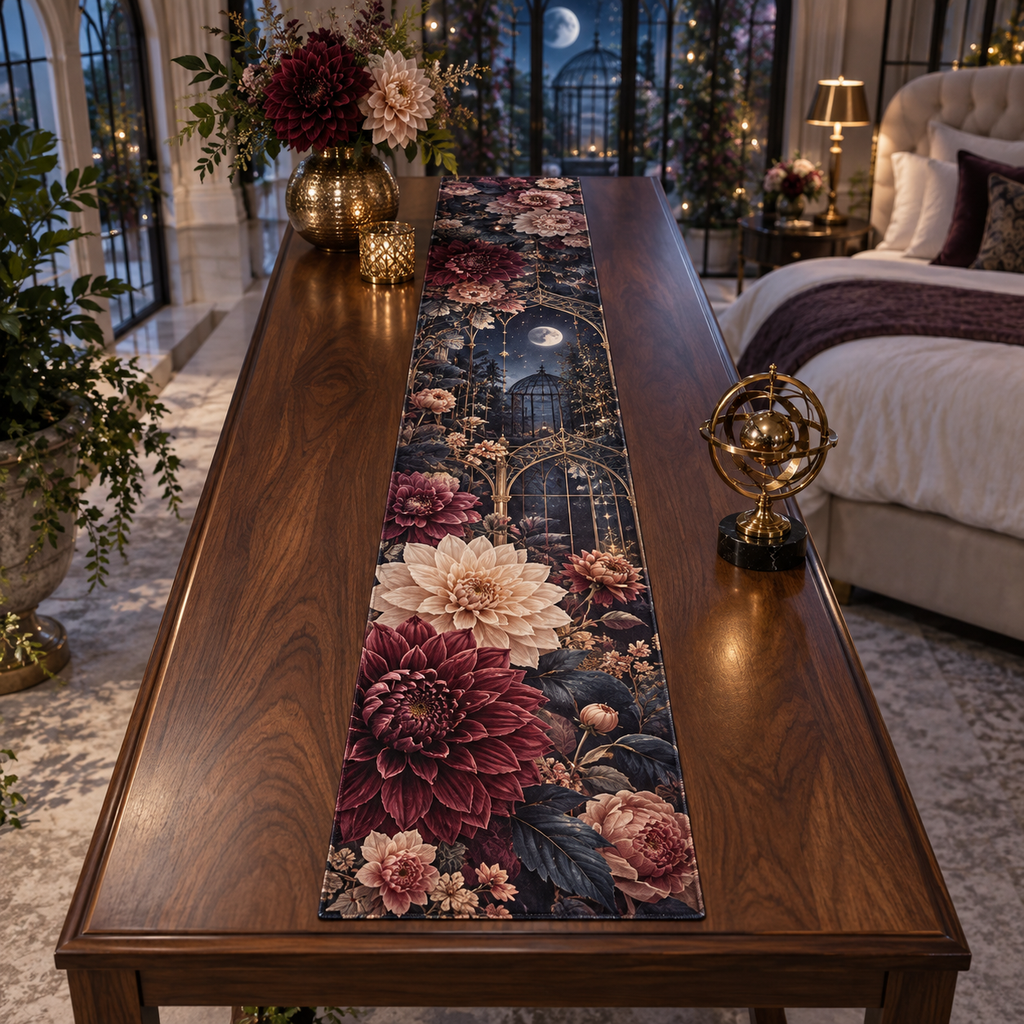One table runner with an original Dahlia Starlight Conservatory, dimensional dahlias, moonlit arches and conservatory depth.