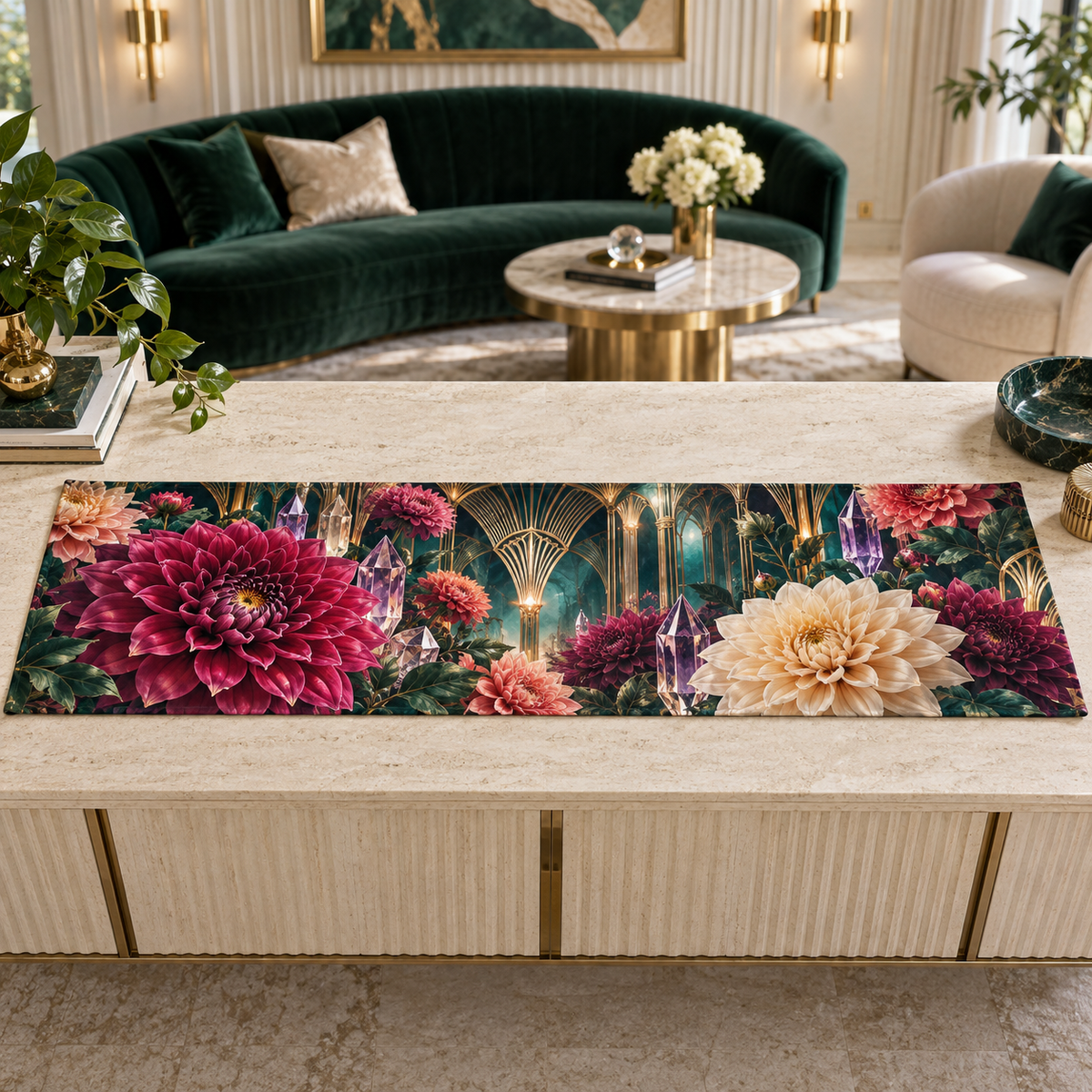 One table runner with an original Dahlia Prism Salon, dimensional dahlias, crystal prisms and Art Deco salon depth.