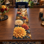 One table runner with an original Dahlia Sunburst Study, dimensional dahlias, sunburst medallions and skylit study depth.