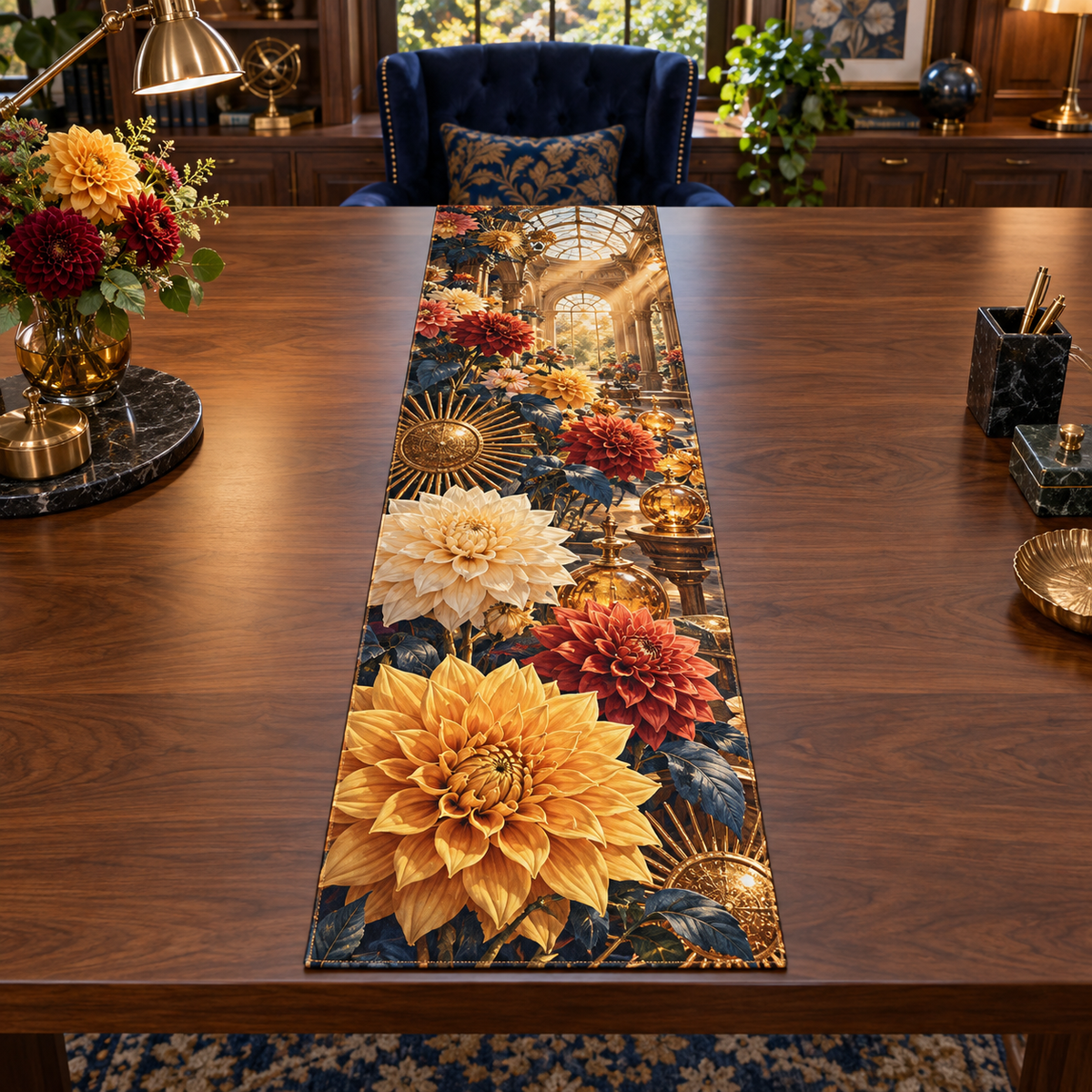 One table runner with an original Dahlia Sunburst Study, dimensional dahlias, sunburst medallions and skylit study depth.