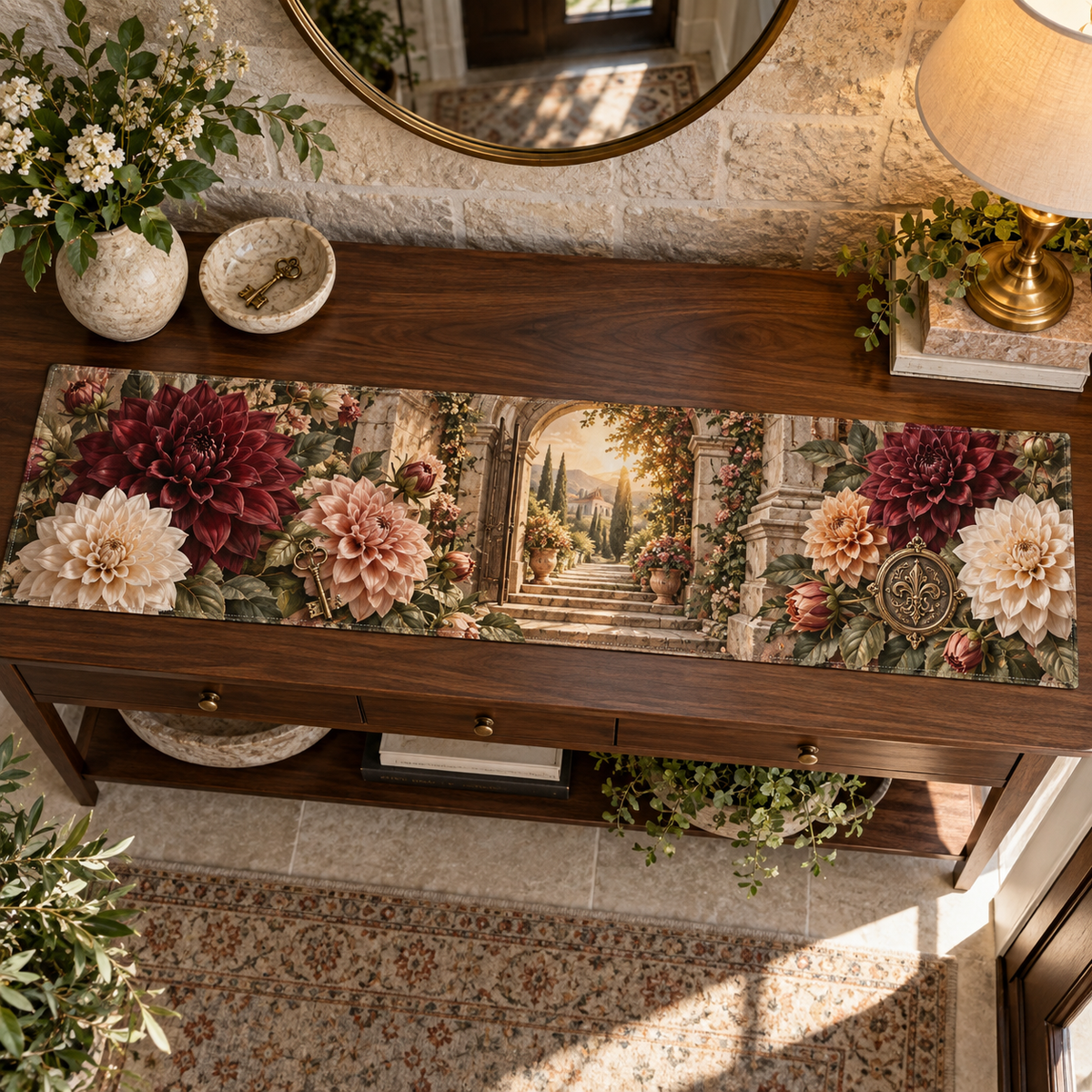 One table runner with an original Dahlia Heirloom Welcome, dimensional dahlias, heirloom keys and welcoming threshold depth.