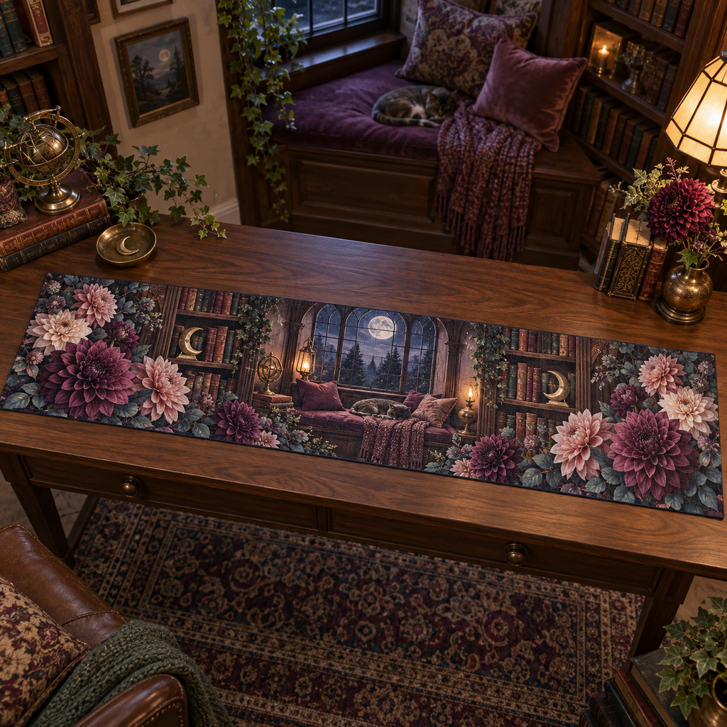One table runner with an original Dahlia Moonlit Reading Alcove, dimensional dahlias, moonlit books and reading-alcove depth.