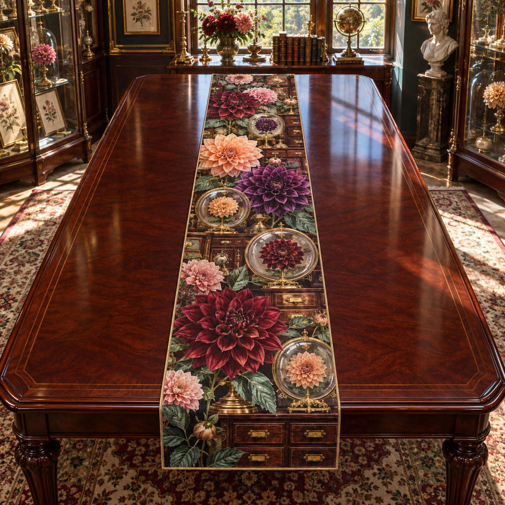 One table runner with an original Dahlia Curator's Cabinet, dimensional dahlias, glass specimens and collector-gallery depth.