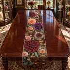 One table runner with an original Dahlia Curator's Cabinet, dimensional dahlias, glass specimens and collector-gallery depth.