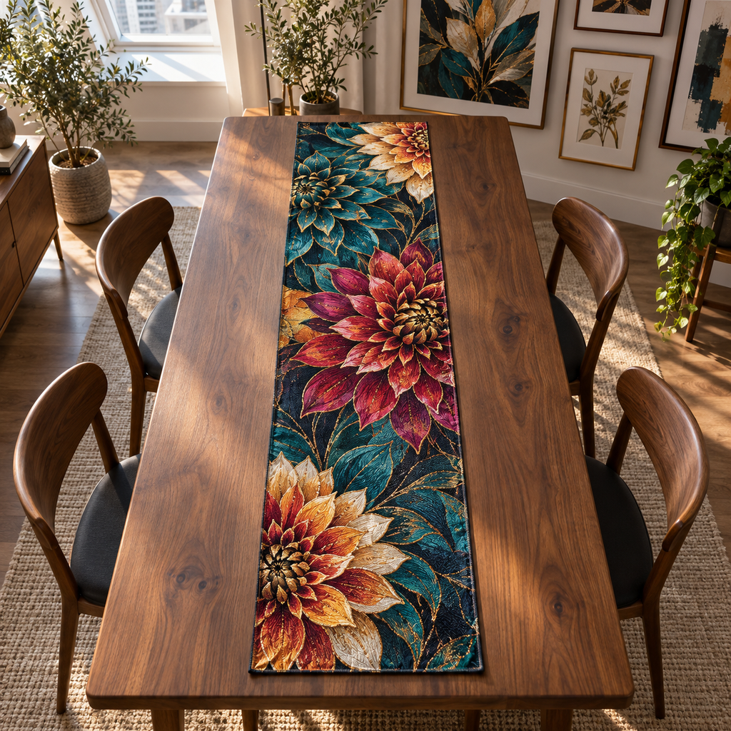 One table runner with an original Dahlia Prism Gallery, dimensional dahlias, prismatic frames and apartment-gallery depth.