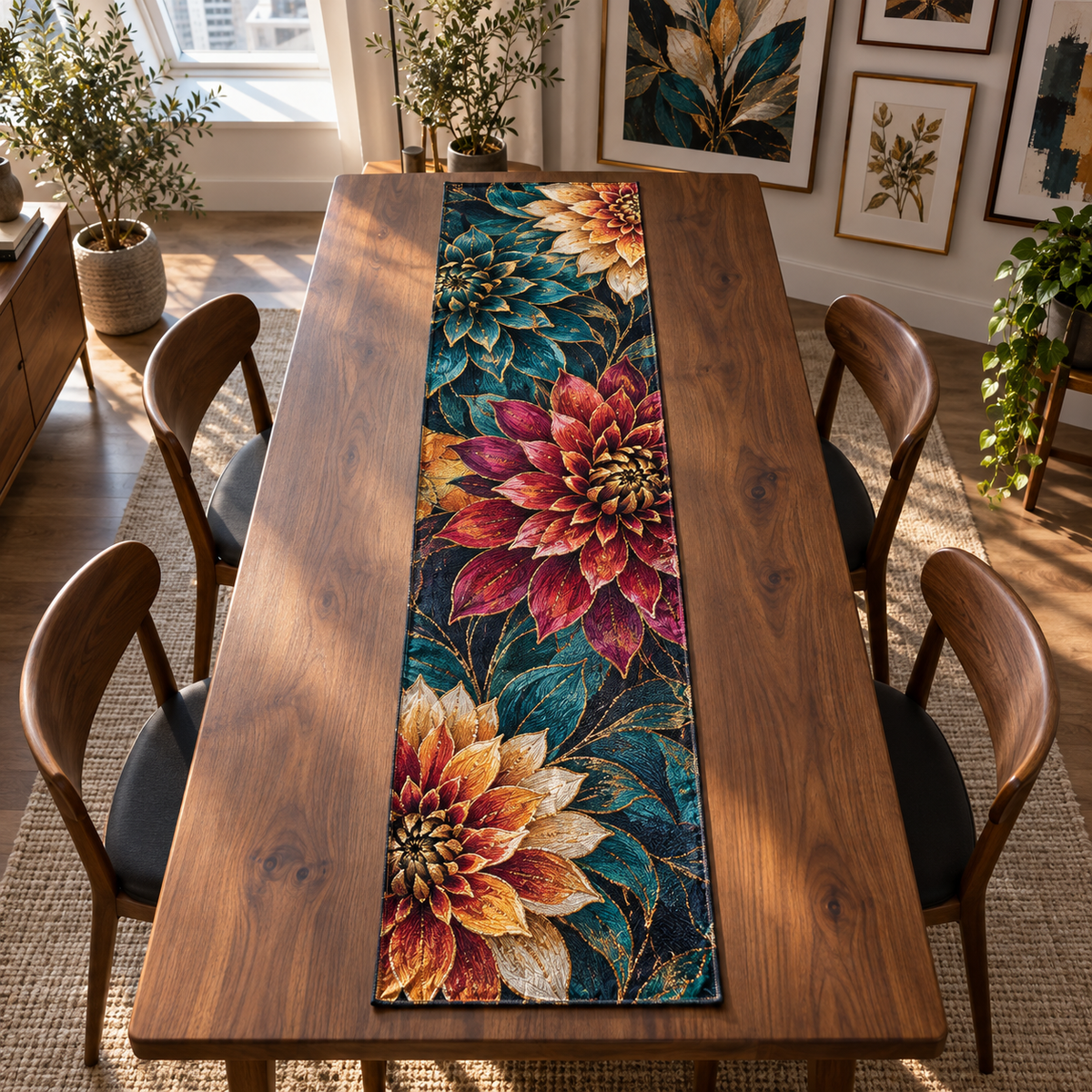 One table runner with an original Dahlia Prism Gallery, dimensional dahlias, prismatic frames and apartment-gallery depth.