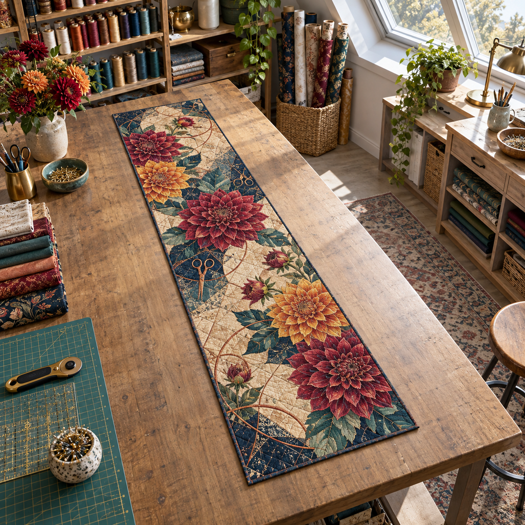 One table runner with an original Dahlia Maker Atelier, dimensional dahlias, thread arcs and maker-studio depth.