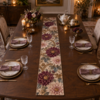 One table runner with an original Dahlia Gratitude Supper, dimensional dahlias, candle halos and gracious-hosting depth.
