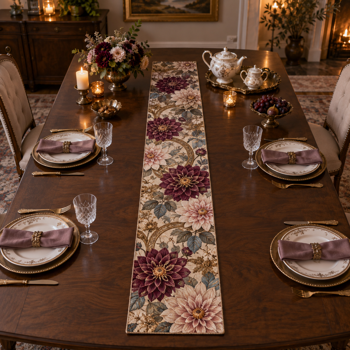 One table runner with an original Dahlia Gratitude Supper, dimensional dahlias, candle halos and gracious-hosting depth.