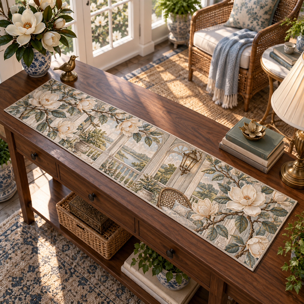One table runner with an original Magnolia Veranda Reading Nest, dimensional magnolias, veranda windows and reading-nook depth.