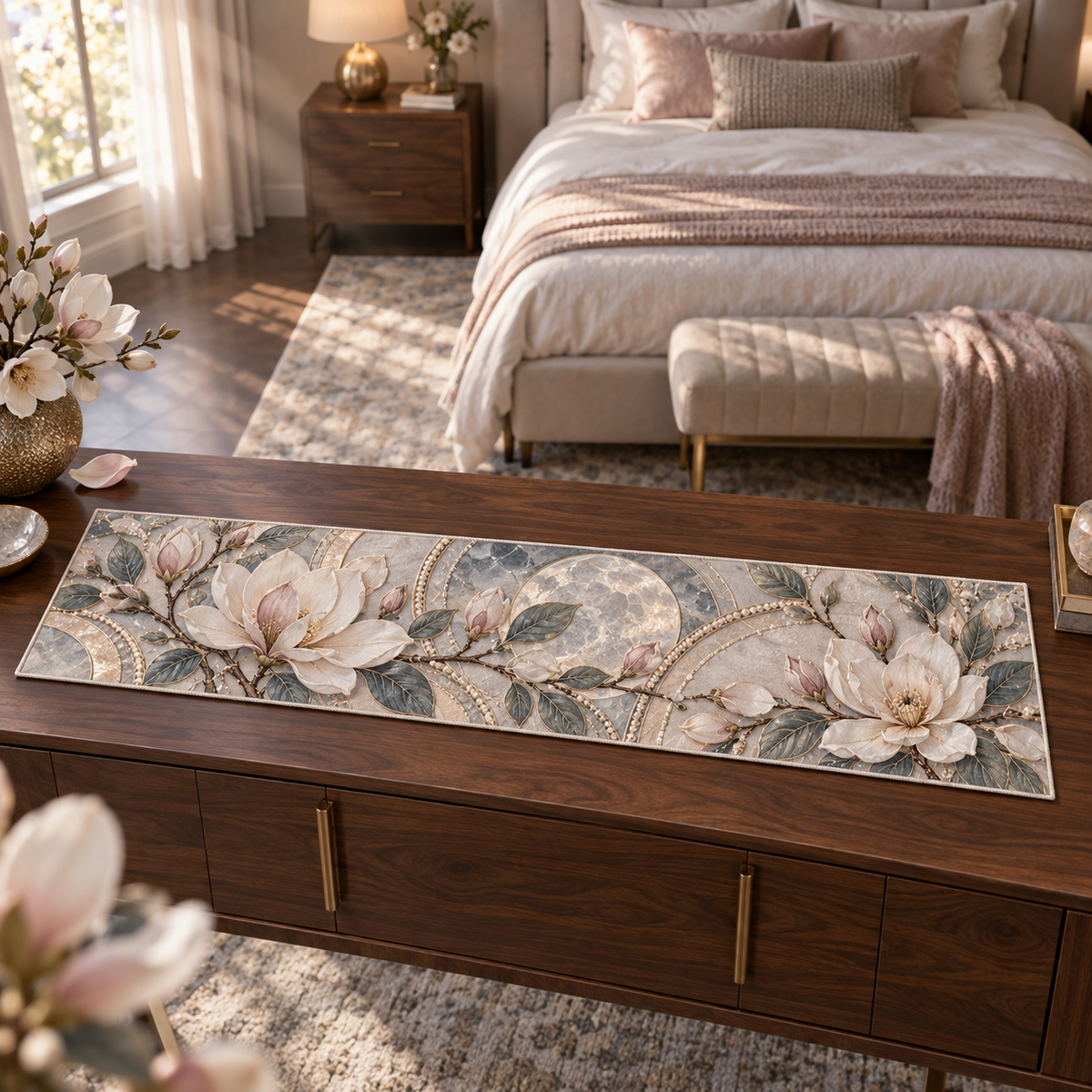 One table runner with an original Magnolia Moonstone Bedroom, dimensional magnolias, moonstone arches and bedroom depth.