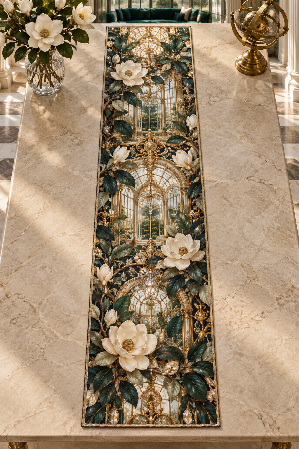 One table runner with an original Magnolia Gilded Atrium Salon, dimensional magnolias, gilded atrium arches and salon depth.