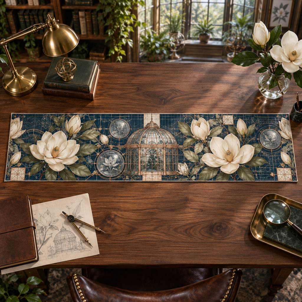 One table runner with an original Magnolia Blueprint Conservatory, dimensional magnolias, copper conservatory ribs and office depth.