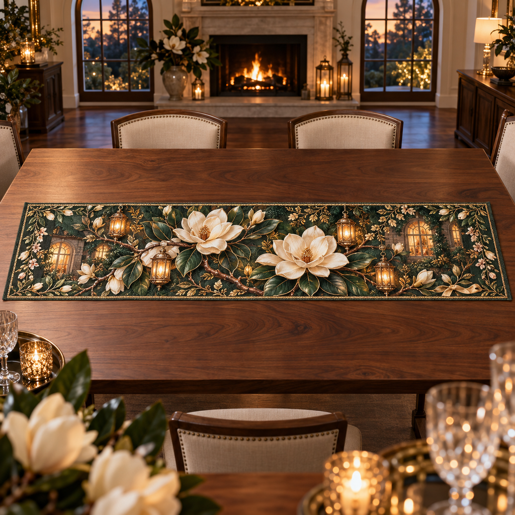 One table runner with an original Magnolia Hearthlight Welcome, dimensional magnolias, amber lanterns and warm new-home depth.
