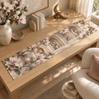 One table runner with an original Magnolia Whispering Alcove, dimensional magnolias, arched niches and calm reading-corner depth.