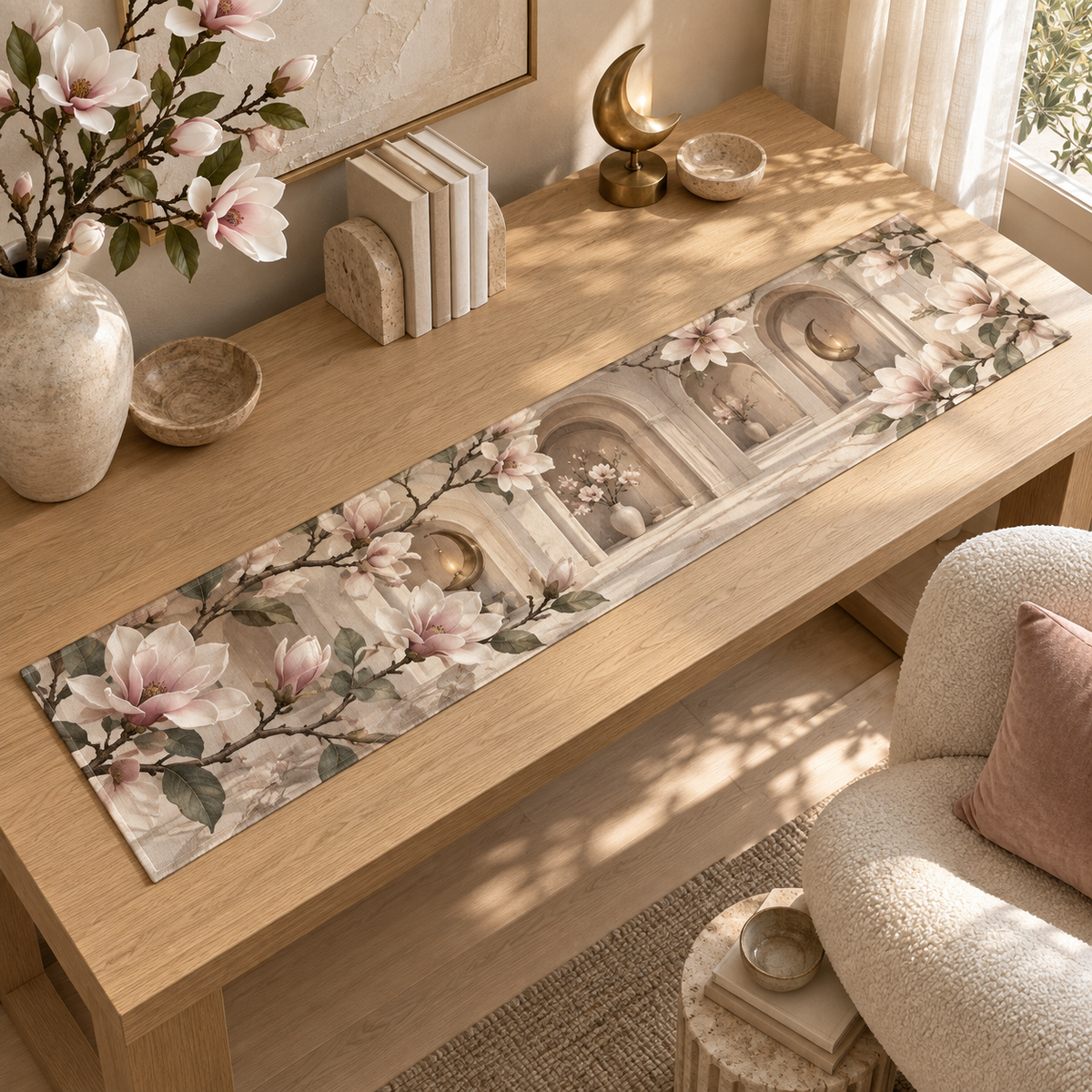 One table runner with an original Magnolia Whispering Alcove, dimensional magnolias, arched niches and calm reading-corner depth.