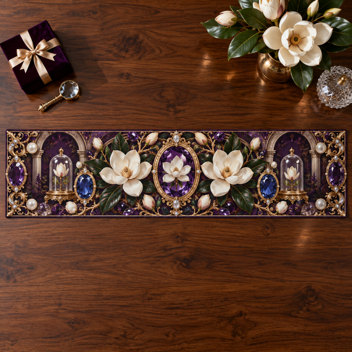 One table runner with an original Magnolia Jewel Cabinet, pearl magnolias, jeweled cameos and collector-gallery depth.