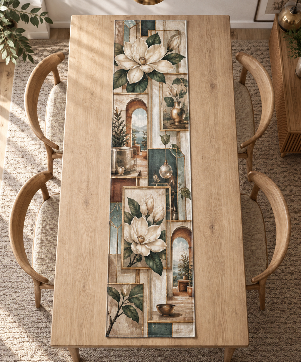 One table runner with an original Magnolia Prism Gallery, ivory magnolias, floating frames and prismatic apartment-gallery depth.