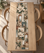 One table runner with an original Magnolia Prism Gallery, ivory magnolias, floating frames and prismatic apartment-gallery depth.