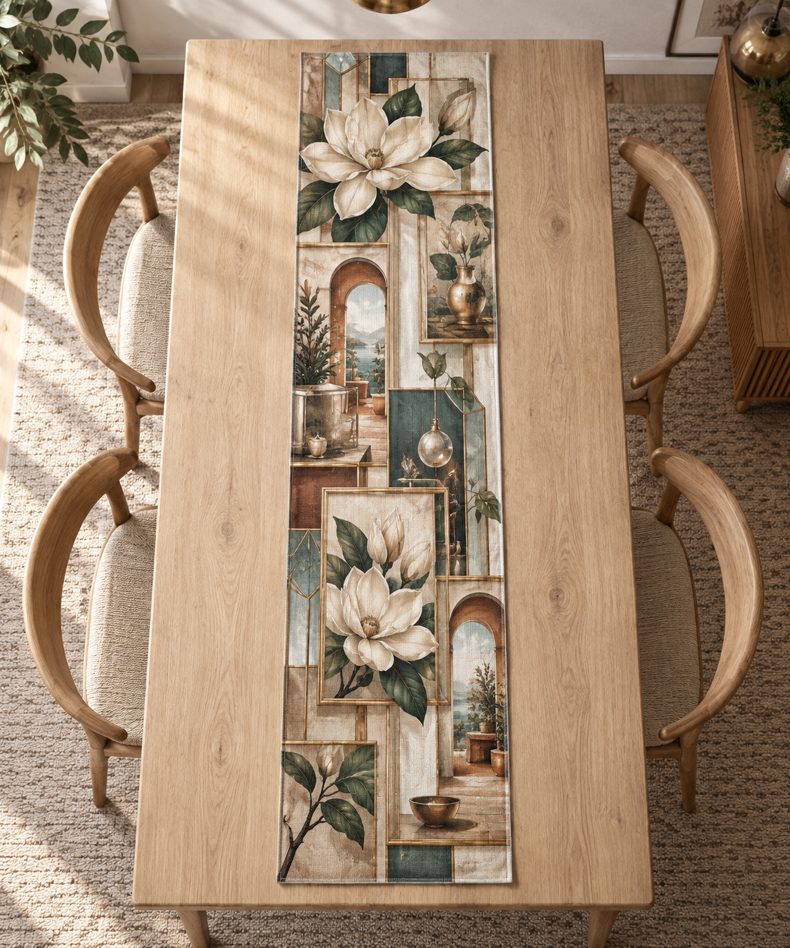 One table runner with an original Magnolia Prism Gallery, ivory magnolias, floating frames and prismatic apartment-gallery depth.