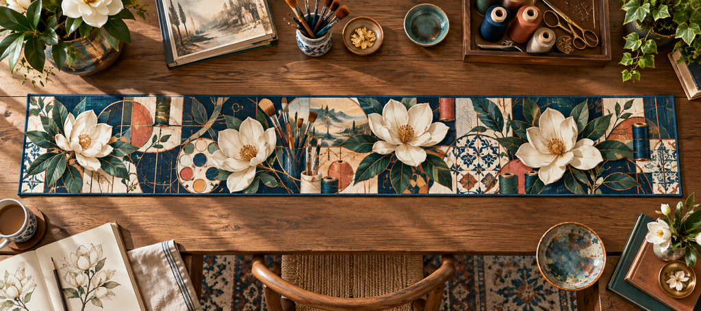 One table runner with an original Magnolia Maker Atelier, ivory magnolias, creative tools and dimensional studio depth.