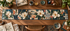 One table runner with an original Magnolia Maker Atelier, ivory magnolias, creative tools and dimensional studio depth.