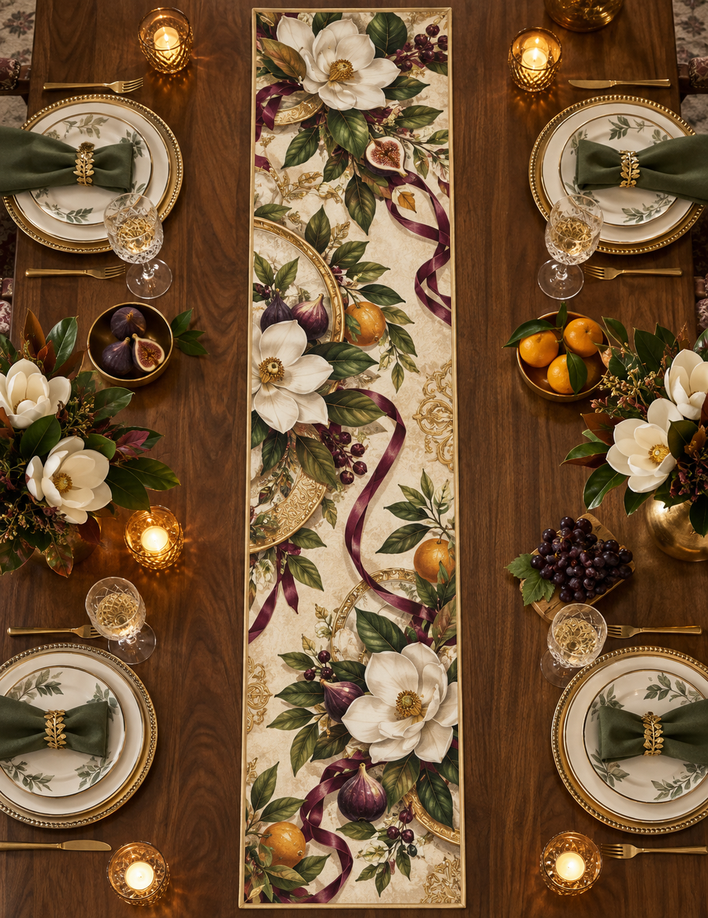 One table runner with an original Magnolia Gratitude Feast, cream magnolias, ribbon loops and candlelit host-salon depth.