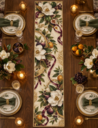 One table runner with an original Magnolia Gratitude Feast, cream magnolias, ribbon loops and candlelit host-salon depth.