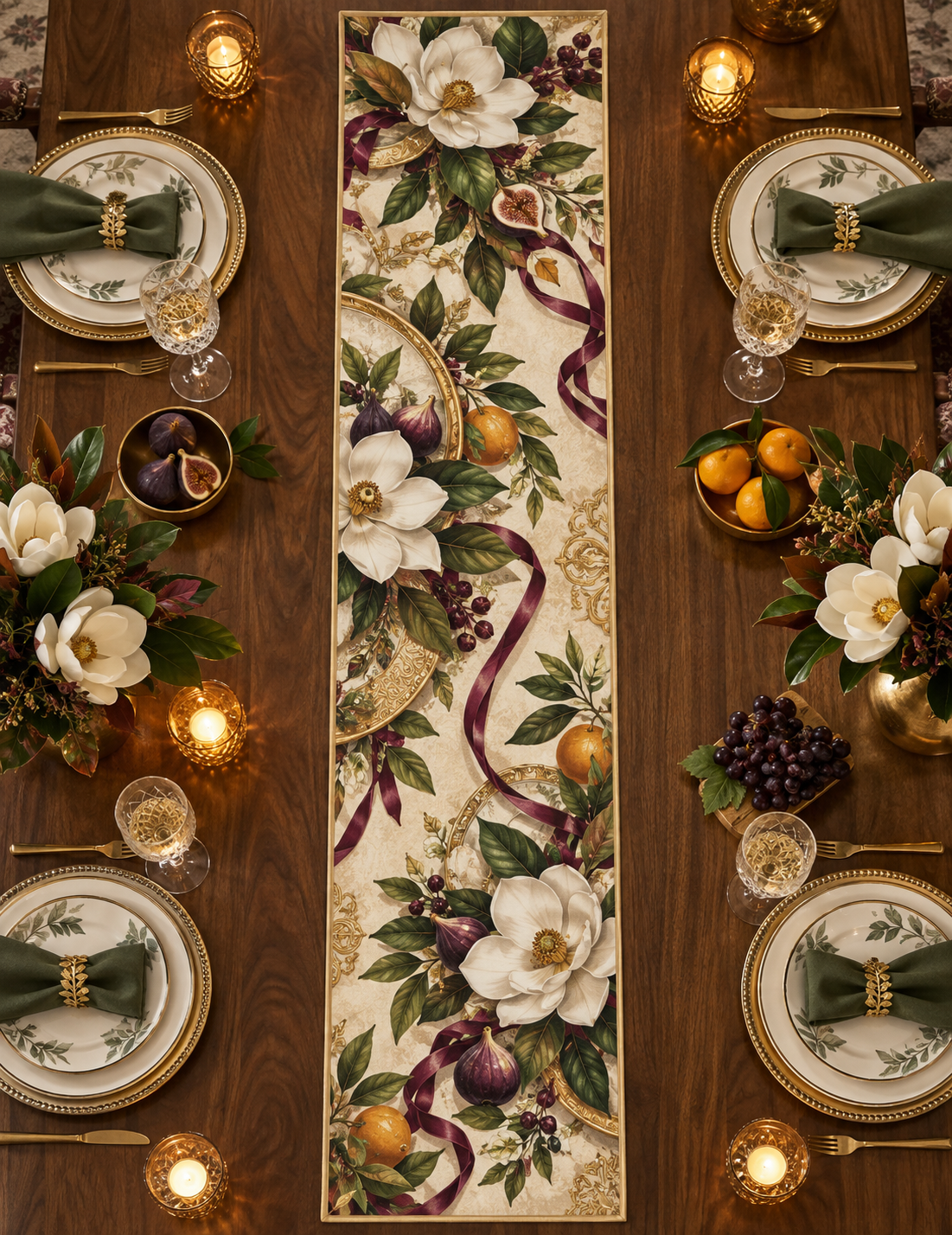 One table runner with an original Magnolia Gratitude Feast, cream magnolias, ribbon loops and candlelit host-salon depth.