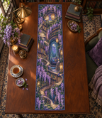 One table runner with an original Wisteria Lantern Library, cascading violet blooms, book arches and moonlit reading-nook depth.