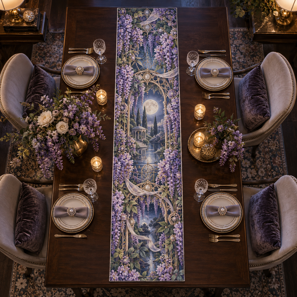 One table runner with an original Wisteria Moonlit Canopy, cascading violet blooms, prism arches and romantic bedroom depth.