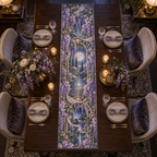 One table runner with an original Wisteria Moonlit Canopy, cascading violet blooms, prism arches and romantic bedroom depth.