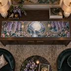 One table runner with an original Wisteria Opal Moon Salon, waterfall blooms, circular moon gate and jewel-toned living-room depth.