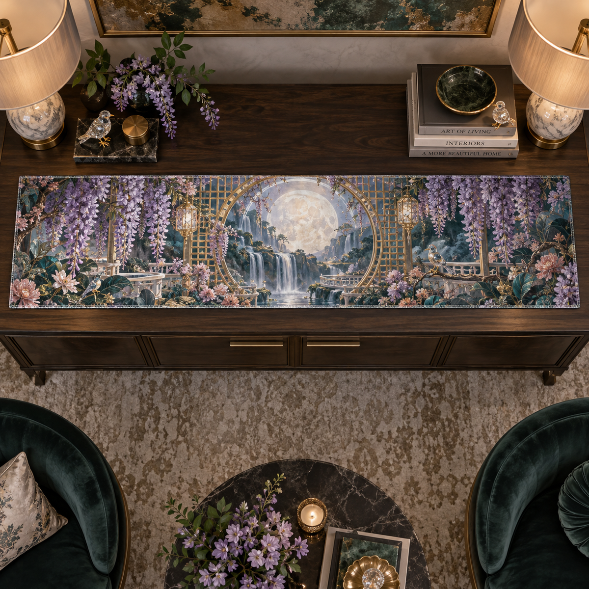 One table runner with an original Wisteria Opal Moon Salon, waterfall blooms, circular moon gate and jewel-toned living-room depth.