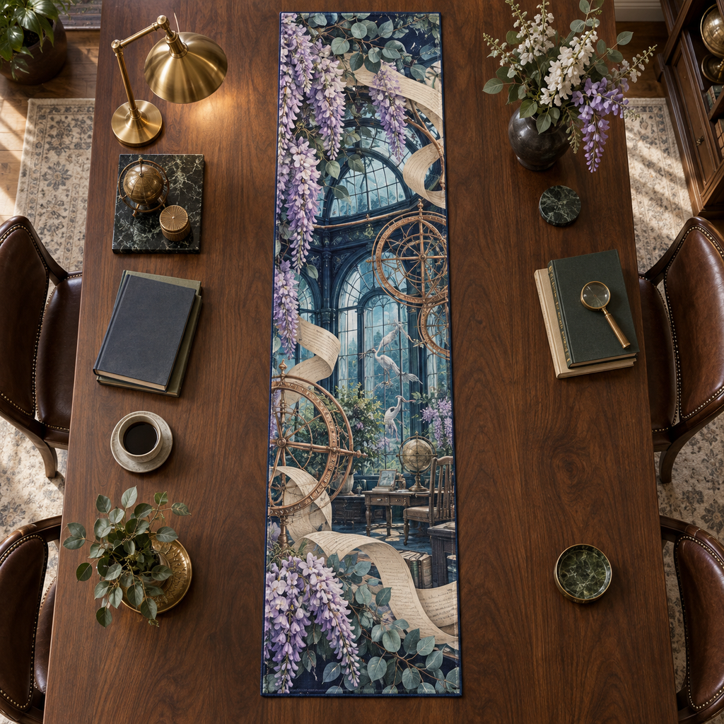 One table runner with an original Wisteria Glasshouse Study, lilac cascades, copper drafting arcs and sunlit office depth.