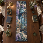 One table runner with an original Wisteria Glasshouse Study, lilac cascades, copper drafting arcs and sunlit office depth.
