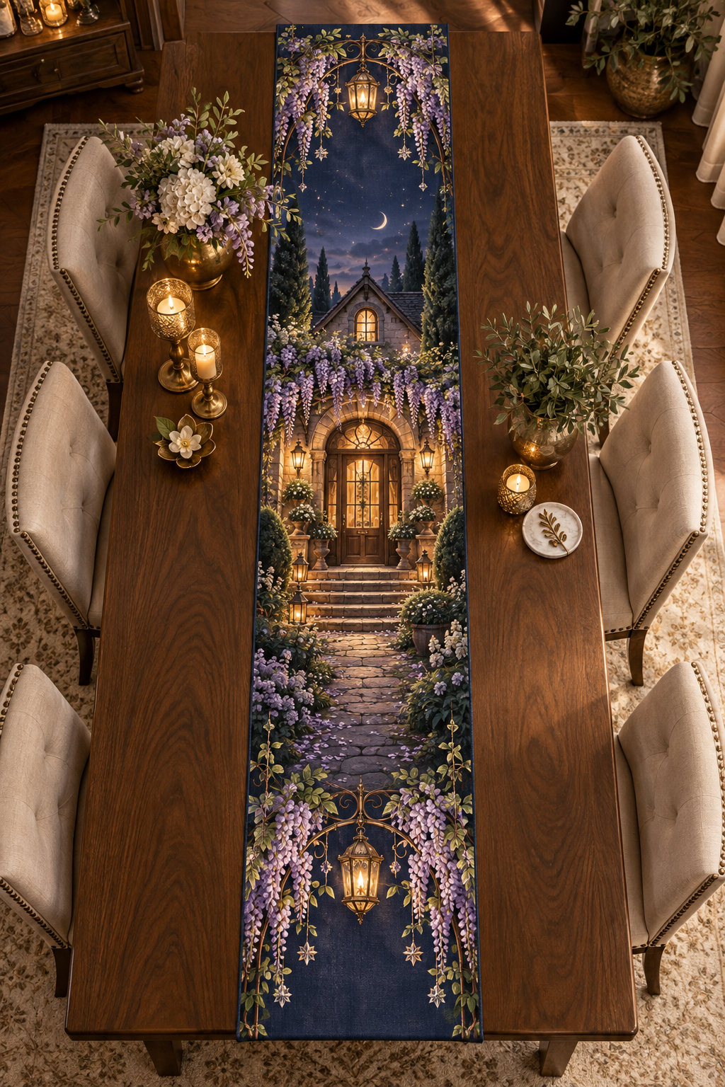 One table runner with an original Wisteria Welcome Lantern House, glowing doorway, cascading lilac blooms and warm new-home depth.
