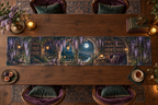 One table runner with an original Wisteria Moonlit Reading Alcove, curved bookshelves, lavender cascades and warm moonlit depth.