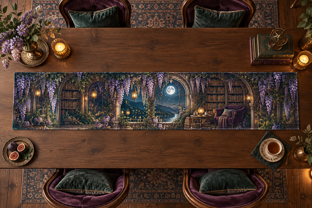 One table runner with an original Wisteria Moonlit Reading Alcove, curved bookshelves, lavender cascades and warm moonlit depth.
