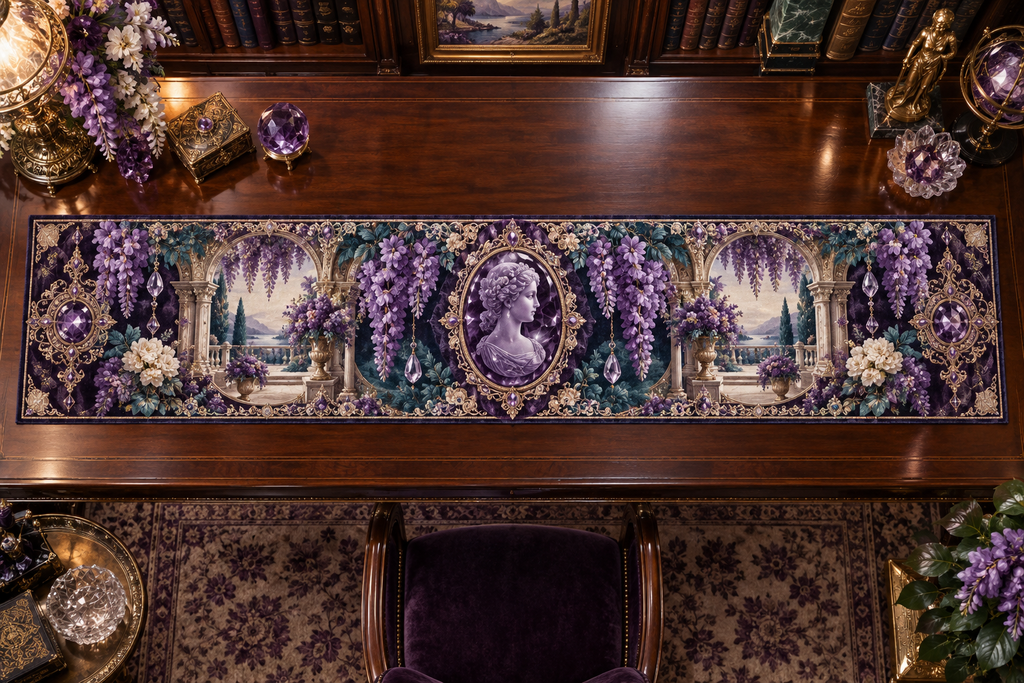 One table runner with an original Wisteria Amethyst Cameo Gallery, cascading blooms, jewel filigree and collector depth.