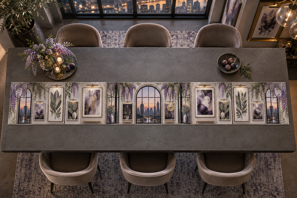 One table runner with an original Wisteria Prism Loft Gallery, layered botanical frames, opal windows and city-dusk depth.