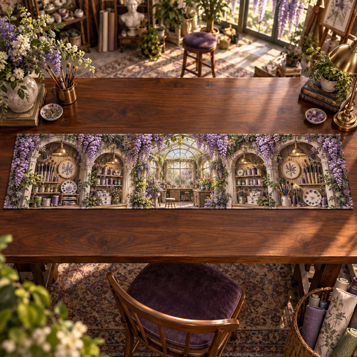 One table runner with an original Wisteria Maker Atelier Arch, layered maker tools, greenhouse skylights and studio depth.