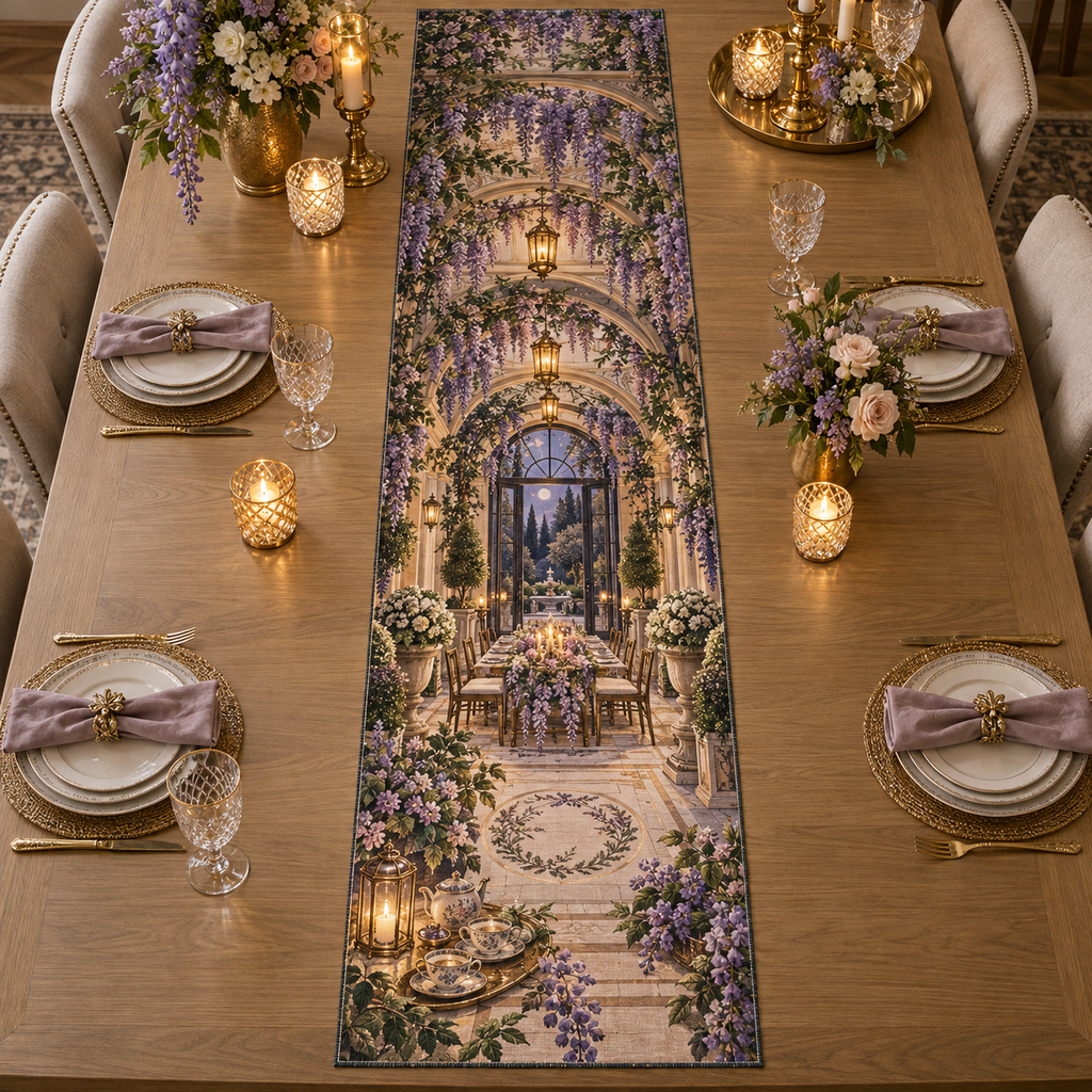 One table runner with an original Wisteria Candlelit Welcome Conservatory, amber lanterns, garden doors and hospitality depth.