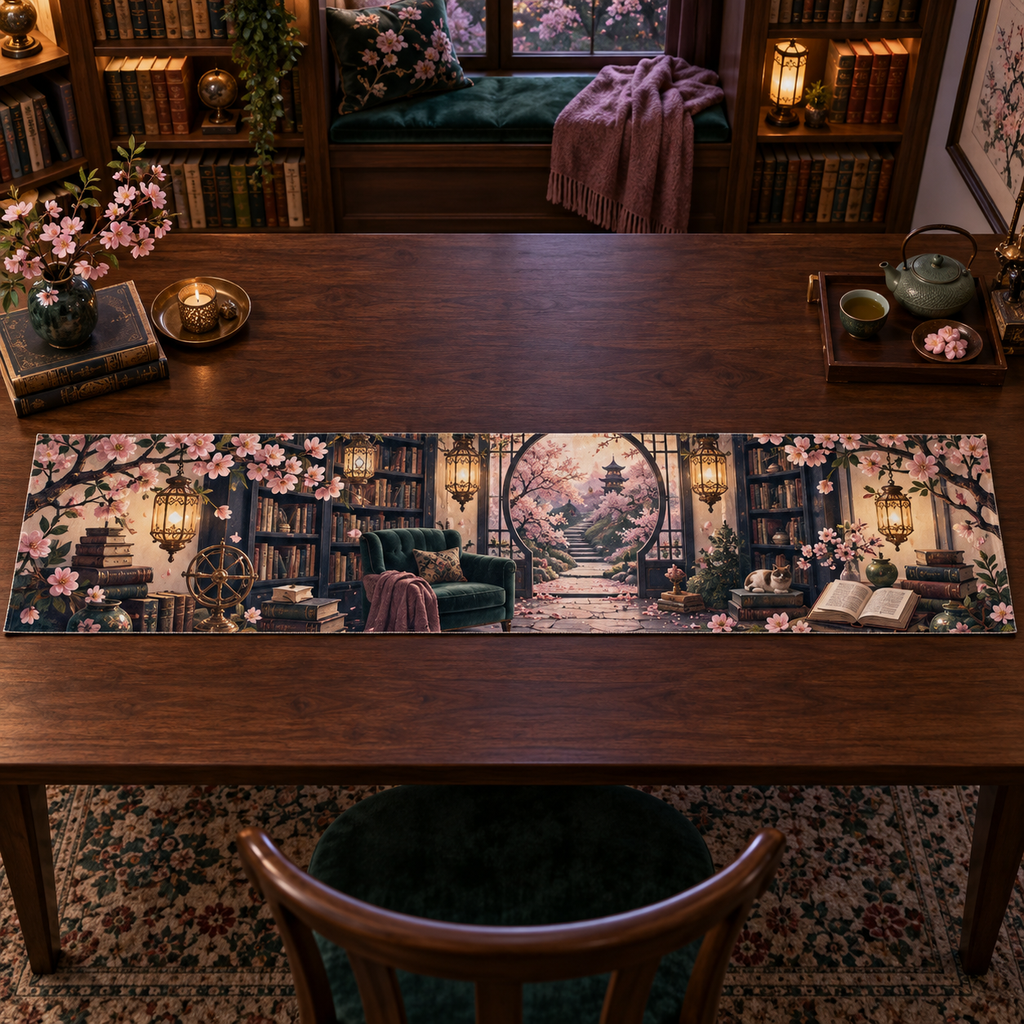 One table runner with an original Sakura Lantern Library Alcove, layered shelves, blossom path and reading depth.