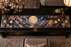 One table runner with an original Sakura Moon Gold Bedroom Pavilion, layered blossoms, gold moons and bedroom-statement depth.