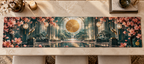 One table runner with an original Sakura Kintsugi Sunroom Gallery, layered portals, coral blossoms and living-room depth.