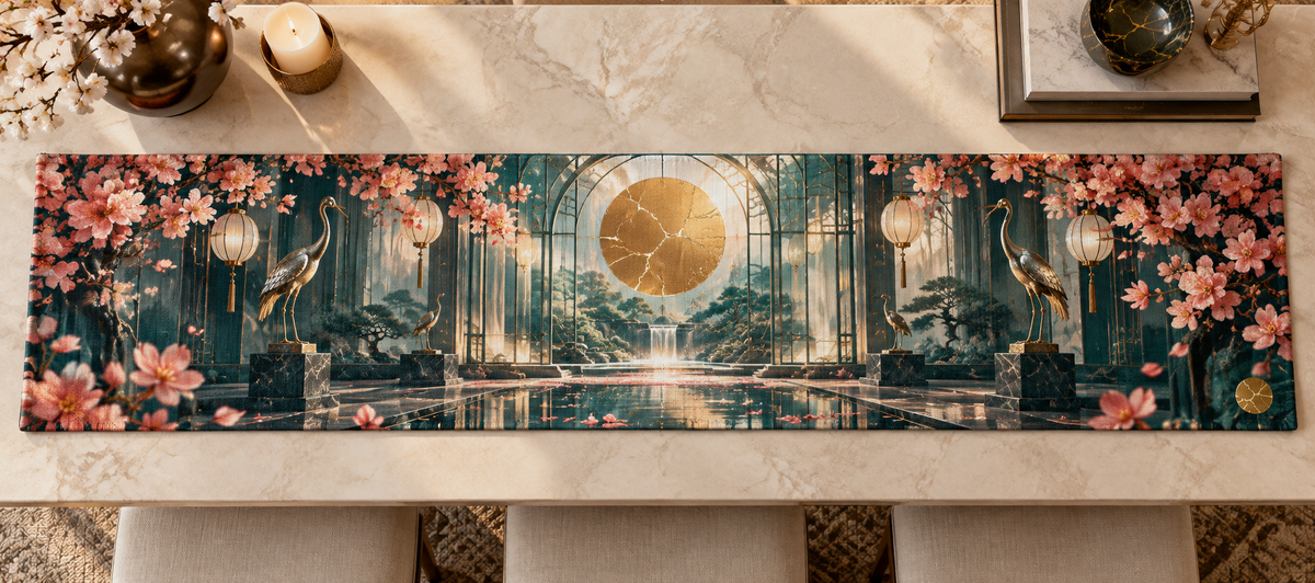 One table runner with an original Sakura Kintsugi Sunroom Gallery, layered portals, coral blossoms and living-room depth.