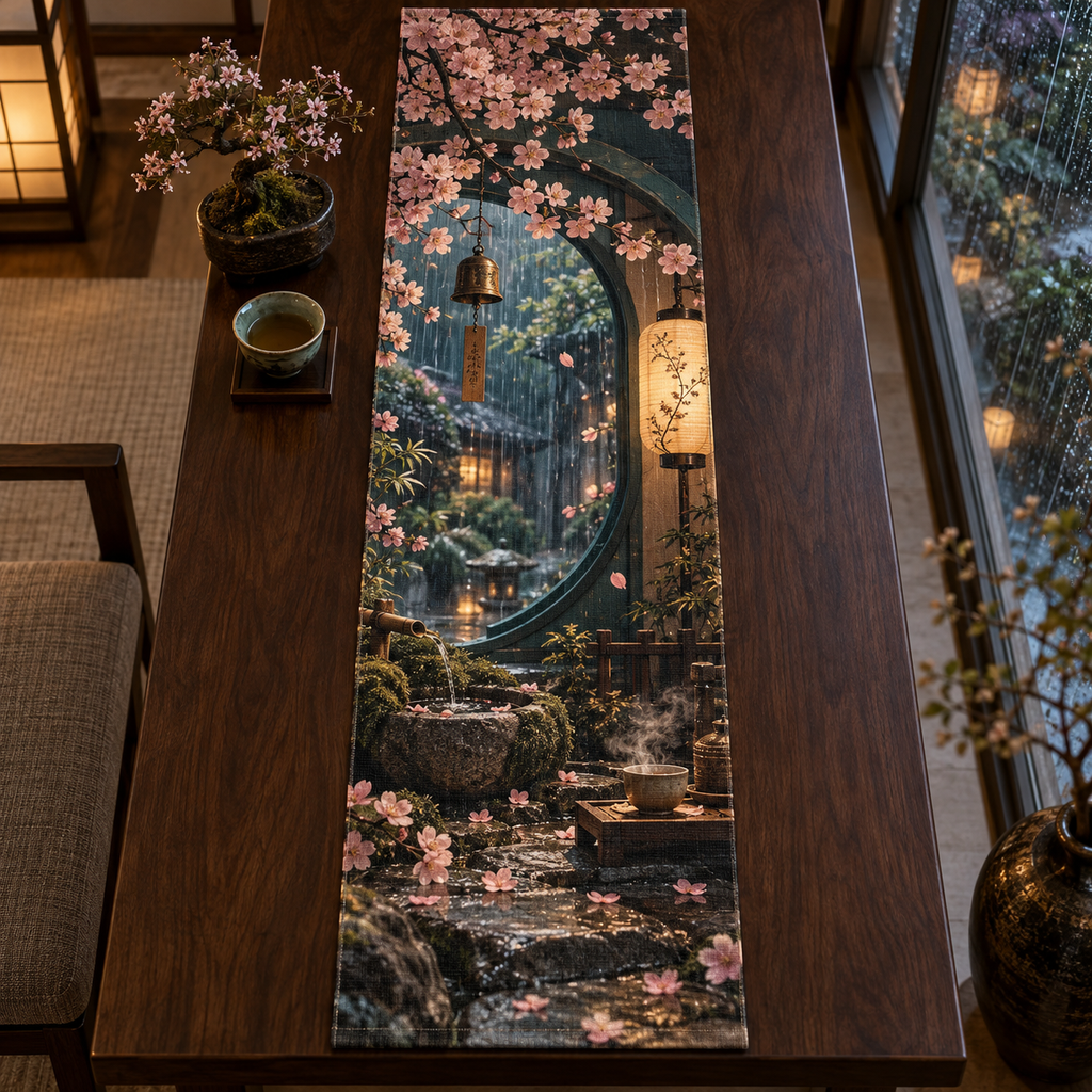 One table runner with an original Sakura Rainlight Tea Nook, crescent windows, lanterns and rainy-garden depth.